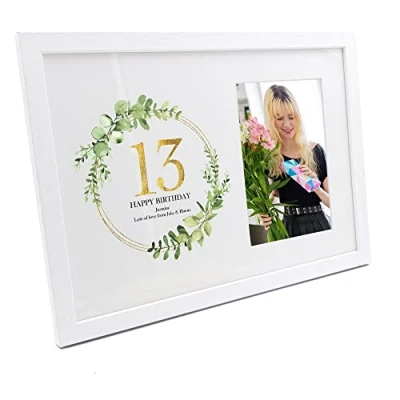 Image of Personalised 13th Birthday Gift for her Photo Frame Gold Wreath Design