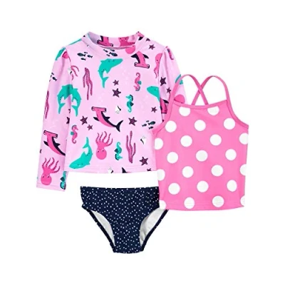 Image of Simple Joys by Carter&#039;s Toddler Girls&#039; 3 Piece Assorted Rashguard Sets, Navy Dots/Pink Polka Dot/Sea Life, 2 Years