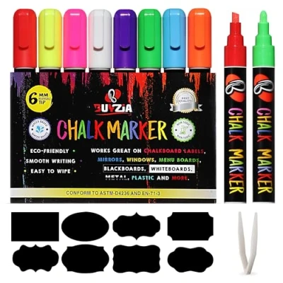 Image of BUYZIA Liquid Chalk Pens for Blackboards, Windows &amp; Glass, 6mm Reversible Tip Neon Color Markers Non Porous Surfaces, Wipeable Chalkboard (8 Pack)