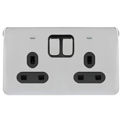 Image of Schneider Electric Lisse Screwless Deco Switched Double Power Socket, Pole, with Neon Indicator, 13A, GGBL3021DBPC, Polished Chrome Black Insert