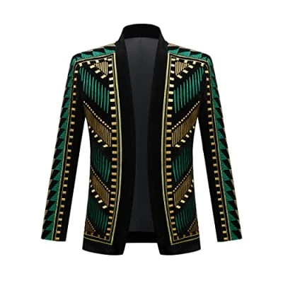 Image of PYJTRL Mens Stylish Court Prince Black Velvet Gold Embroidery Blazer Suit Jacket (Green Gold, XL)