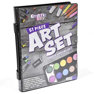 Image of Kreative Kids 51 Piece Craft and Art Set Colouring Kit with Crayons Watercolour Paint
