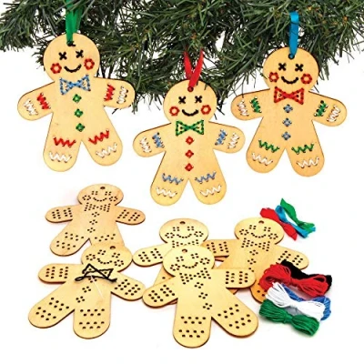 Image of Baker Ross AT187 Gingerbread Wooden Decoration Kits, Cross Stitch for Beginners and Kids Arts Crafts Projects (Pack of 5), Assorted