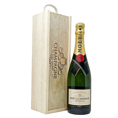 Image of Personalised Moet &amp; Chandon Champagne Gift Set 75cl in Wooden Presentation Box Sparkling Wine and Prosecco Gifts for Women, Hamper, Thank You Birthday Christmas Anniversary Present