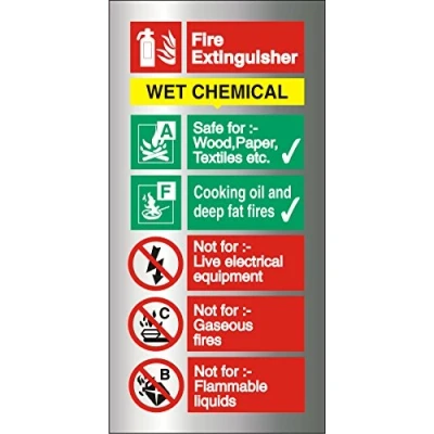 Image of Seco Wet Chemical Fire Extinguisher Sign, 100mm x 200mm 1.5mm Brushed Aluminium Composite