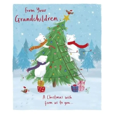 Image of UK Greetings Christmas Card from The Grandchildren Cute Polar Bears &amp; Tree Design