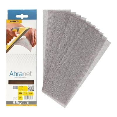 Image of Mirka Abranet net sandpaper strips 80x230 mm / Hook &amp; loop Grit P240 10 pcs AE175F1025 for dust free sanding of wood, walls, metal, aluminium, stainless steel, filler, varnish, plastic