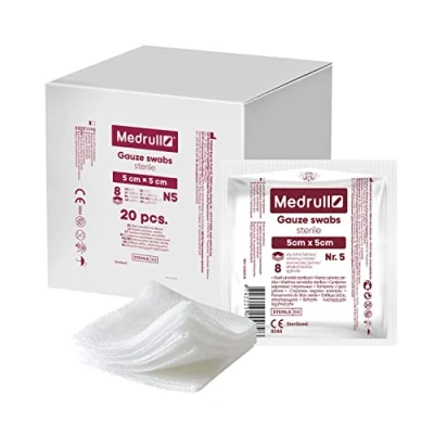 Image of Medrull Sterile Gauze Swabs, Pack of 100 (20 x 5 Pieces) 8 Ply, cm cm, Absorbent Dressings, Bandage Material, Bandages, Wound Dressings.