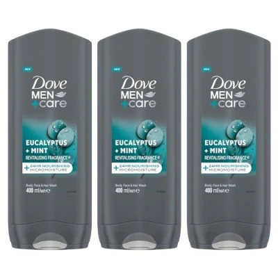 Image of Dove Men+ Care 3 in 1 Body, Face and Hair Wash Eucalyptus + Mint 24H Nourishment with Relaxing Fresh Scent Body for Healthier, Smoother Feeling Skin, 400ml Pack of