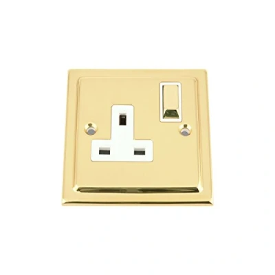 Image of Wall Socket 1 Gang Victorian Polished Brass White Insert Metal Rocker Switch 13A Single Plug