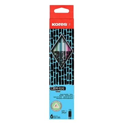 Image of Kores Graphite Pencils Set Cracked Styled Grafitos Pencils, HB, Soft, Triangular Drawing HB Pencil Set, Art Supplies Pack of 6 with Rubber