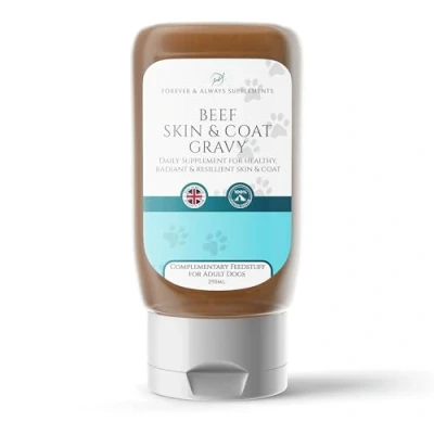 Image of Dog skin &amp; Coat supplement Gravy/food topper 290ml 1 2 months supply Beef flavoured Omega 3 oil for dogs fortified with essential nutrients Biotin, Zinc, Vitamin A E