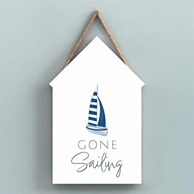 Image of Global Designs Gone Sailing Coastal Blue Nautical Sign Wooden Beach Hut Hanging Plaque