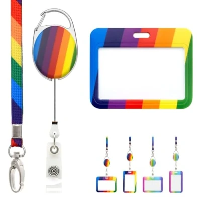 Image of Rainbow Retractable Lanyard with Slider Badge Holder and Extendable Clip Pack by LanyardsTomorrow Set Includes 1x Matching Lanyard, Yoyo Reel Clip, Colourful ID Card 1pc (Horizontal)