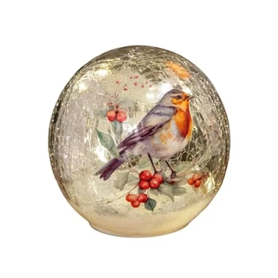 Image of Samuel ALEXANDER 15cm Battery Operated Light up Robin Crackle Glass Ball with 12 Warm White LEDs