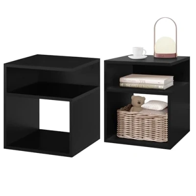 Image of EUGAD Bedside Table Nightstand Modern Cabinet with 2 Open Compartments, Coffee for Living Room Side Storage, Small Bookcase Black Sofa Table, 35x35x41cm, Set