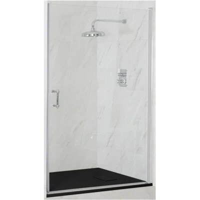 Image of Langley Traditional Chrome Wet Room Walk In Hinged Door Frameless Shower Enclosure with Graphite Slate Effect Tray and Fast Flow Waste 900mm x