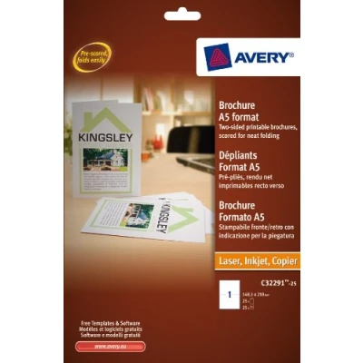 Image of Avery C32291 25 Folded Brochure Paper 190gsm (210 x 148.5 mm, A4 Sheet, Sheets) White