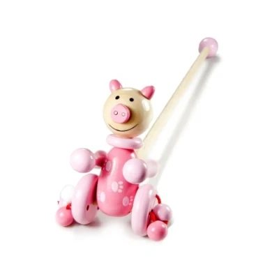 Image of Push Along Wooden Toy Pink Pig for Baby or Toddler Girl