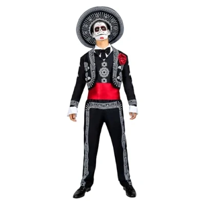 Image of Funidelia Mariachi Costume for man Sugar skull, Day of the Dead (Día de los muertos) Costumes adults, accessory fancy dress &amp; props Halloween, carnival parties Size S Black