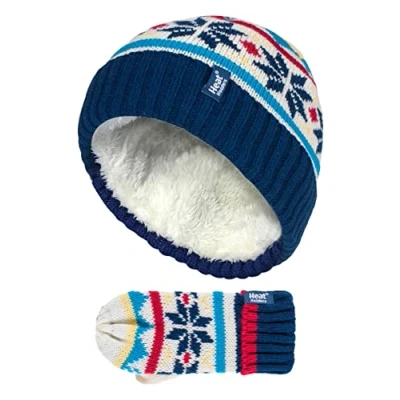 Image of HEAT HOLDERS Kids Boys Winter Knitted Thermal Fleece Lined Cuffed Beanie Hat and Mittens Set (3 6 Years, CNM2P5)