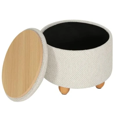 Image of WOLTU SH77cm Round Stool with Storage Space, Footstool Lid, Padded Solid Wood Legs, Linen Cover, Diameter 39 x 33 cm, Cream White