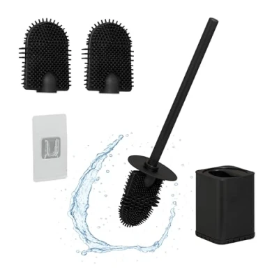 Image of Toilet Brush with Wall Holder, Adhesive, 40 x 9.5 10 cm, Flat, Antibacterial, Stainless Steel, tpr, Black Relaxdays