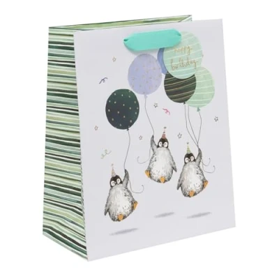 Image of Glick Large Gift Bag, Birthday Penguins, 315 x 260 135 mm, Luxury Recyclable Bag for Birthdays &amp; Celebrations
