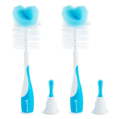 Image of Munchkin 2 In 1 Sponge &amp; Baby Bottle Brushes for Cleaning Cleaner Brush Water Set Soft Reusable with Built Teat Dishwasher Safe Pack Blue