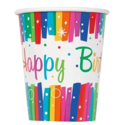 Image of Rainbow Ribbons Birthday Multicolor Paper Party Cups (9oz) Pack of 8 Perfect for Celebrations &amp; Parties