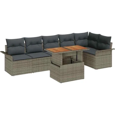 Image of vidaXL 7 Piece Garden Sofa Set with Cushions Grey Poly Rattan