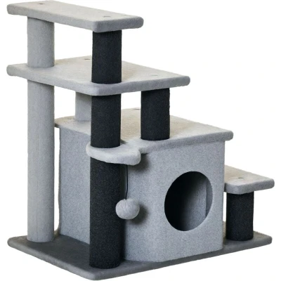 Image of PawHut Dog Steps for Bed, 4 Step Pet Stairs with Cat House, Detachable Cover, Sisal Scratching Post, Climb ladder Sofa w/Hanging Balls Grey