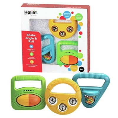 Image of Halilit Musical Baby Shapes Instrument Gift Set. Shaker Maraca, Ring my Bell and Rattle Roller. 3 Brightly Coloured, Durable, Sensory Music Toys. Suitable infants Boys &amp; Girls Months +