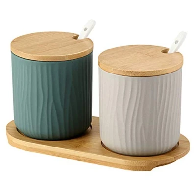 Image of OnePine Set of 2 Sugar Bowl, Ceramic Spice Jar Condiment Pots with Bamboo Lid and Spoon for Home Kitchen