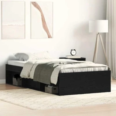 Image of vidaXL Black Oak Bed Frame 100x200 cm with Storage Compartment Engineered Wood Modern Single for Bedroom