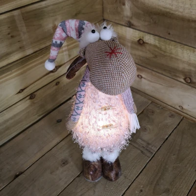 Image of 50cm Standing Warm White Light Up Christmas Reindeer Wearing Pink and Grey Hat