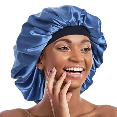 Image of Double Layer Bonnet Long Satin Cap Head Wrap for Sleeping Blue