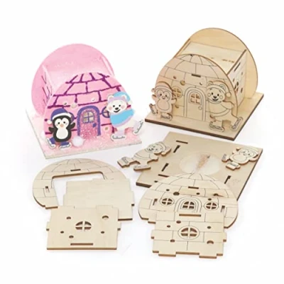 Image of Baker Ross FC267 Arctic Pals Wooden Model Kit Pack of 3, Tealight Holder to Decorate and Display, Crafts for Children, Ideal Kids Arts Project