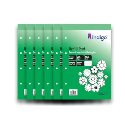 Image of indigo® A4 Refill Pad 160 Pages Headbound Perforated Punched Hole (Pack 6, Feint 8mm Lined and Margin)