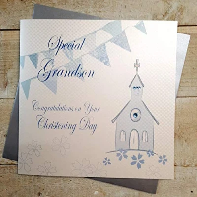 Image of WHITE COTTON CARDS Special Grandson Congratulations Day, Handmade Large Christening Card (Blue,Church)