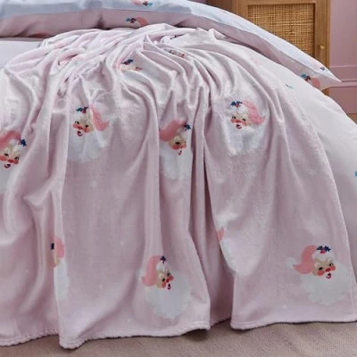 Image of Catherine Lansfield Vintage Christmas Santa Cosy Fleece 130x170cm Blanket Throw Pink