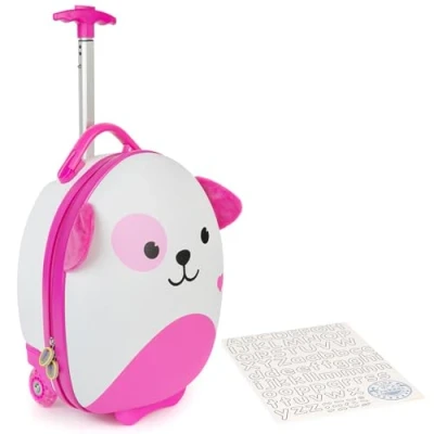 Image of boppi Tiny Trekker Kids Luggage Bag Holiday Travel Suitcase for Boys &amp; Girls, Carry On or Pull Along School Trolley Cabin Holdall Under seat EasyJet Compliant,17 Litre Pink Dog