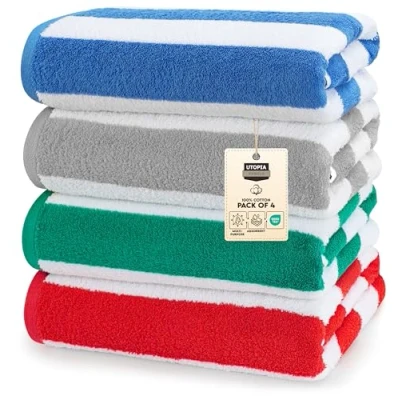 Image of Utopia Towels Cabana Stripe Beach (76 x 152 cm) 100% Ring Spun Cotton Large Pool Towels, Soft and Quick Dry Swim (Pack of 4) (Blue, Grey, Red &amp; Green)