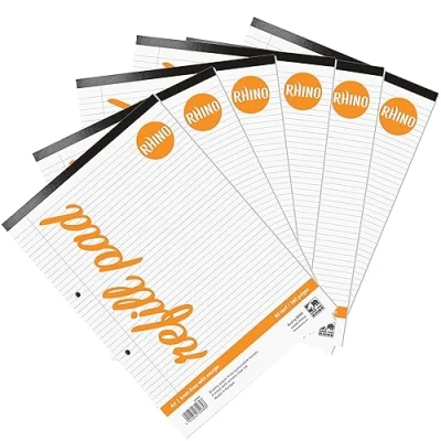 Image of RHINO A4 Refill Pad, Writing 160 Page / 6mm Lined with Margin, 6 Pack, White Hole Punched Top Binding Paper, Office &amp; School Stationery Supplies