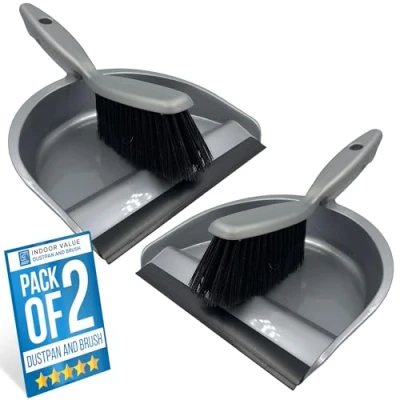Image of Household Dustpan and Brush Set, Soft Bristle Plastic Dust Pan with Rubber Lip to Collect Sweep Dirt from Floors, Stylish Silver Colour Hand (Pack of 2)