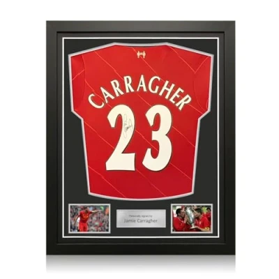 Image of Exclusive Memorabilia Jamie Carragher Signed Liverpool 2021 22 Football Shirt. Standard Frame