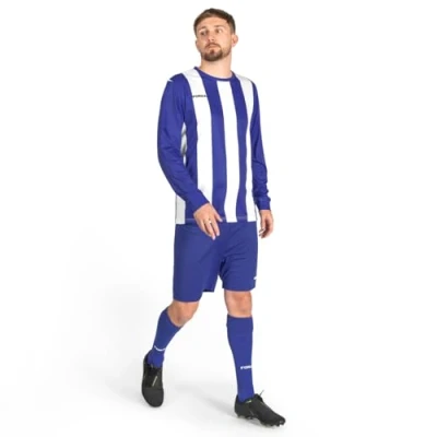 Image of FORZA Men’s Striped Long Sleeve Football Kits [XS XXL] Jersey for Adults Full Shirts, Shorts &amp; Socks Set (UK, Alpha, L, Regular, Blue and White)
