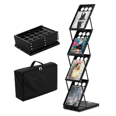 Image of VEVOR Foldable Magazine Display Rack. 4 Tier Brochure Literature Stand, Portable Catalog Holder Stand with Carrying Bag for Office Trade Show Exhibitions, Pockets