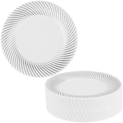 Image of MATANA 40 Premium White Plastic Dessert Plates with Silver Rim, 18cm / 7 Inch Elegant &amp; Reusable Small Side Plates, Starter for Weddings, Birthdays, Picnic, BBQ, Parties