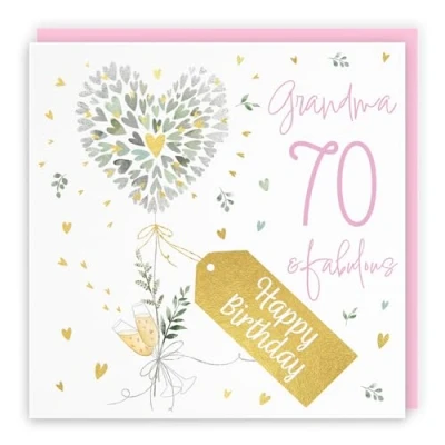 Image of Hunts England 70th Grandma Contemporary Hearts Birthday Card Luxury Gold Foil Milo&#039;s Gallery Age 70 Champagne, Pretty For Seventy Fabulous Pink Envelope